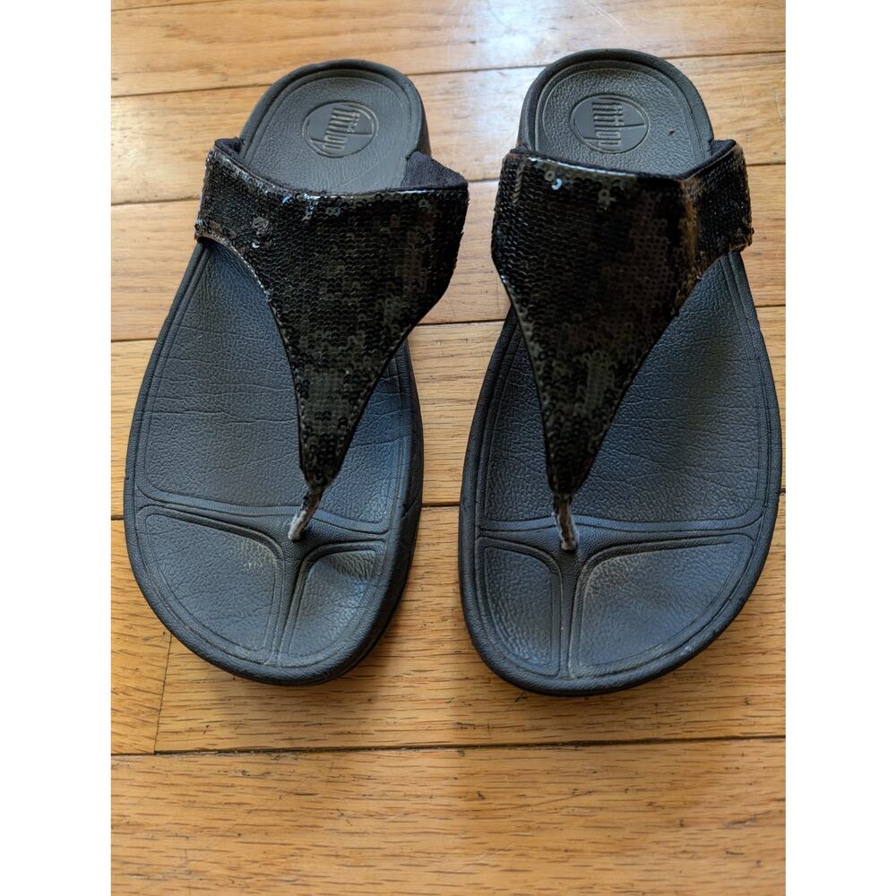 FITFLOP Black Sequin Flip Flops Thong Sandals Comfort Sole Women's Size 9 - Picture 2 of 10
